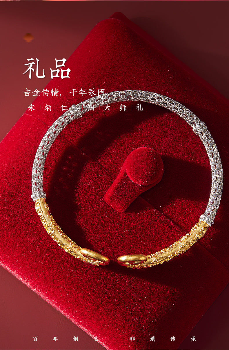 Zhu Bingren Copper Lifetime Love Filigree Silver Bracelet Adjustable Bangle Jewelry Gift for Girlfriend Boyfriend Couple