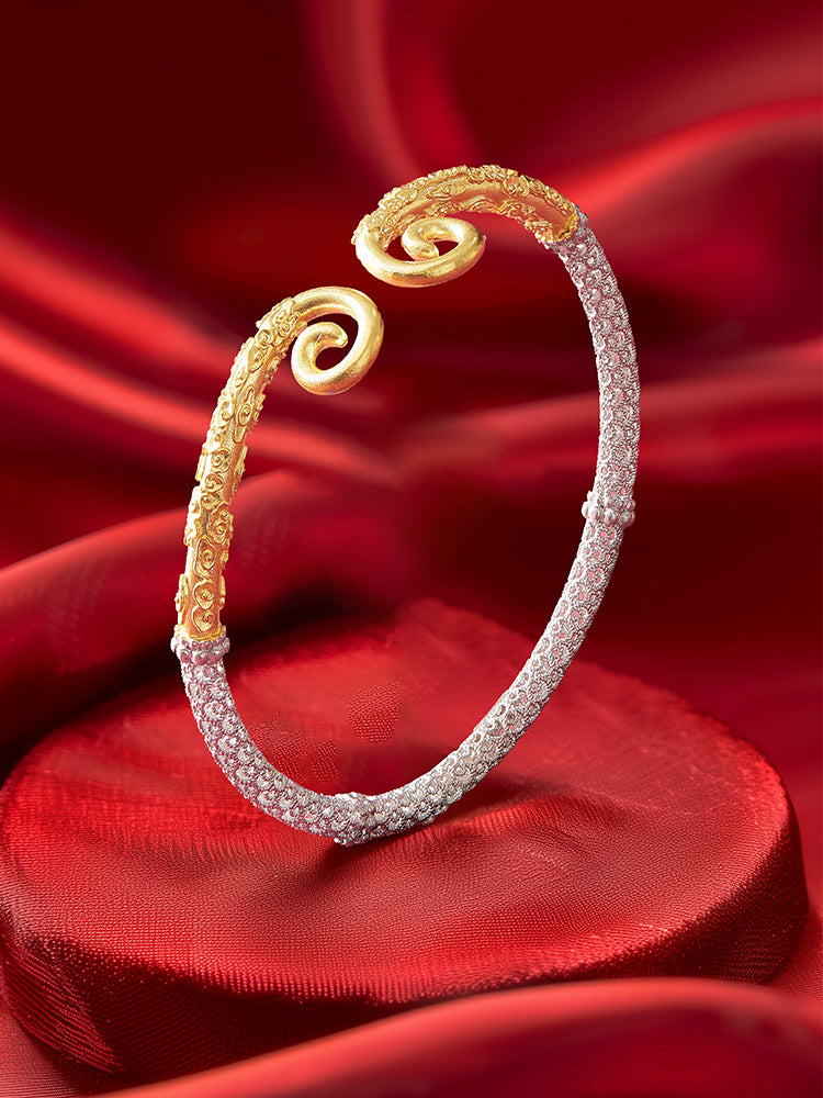 Zhu Bingren Copper Lifetime Love Filigree Silver Bracelet Adjustable Bangle Jewelry Gift for Girlfriend Boyfriend Couple