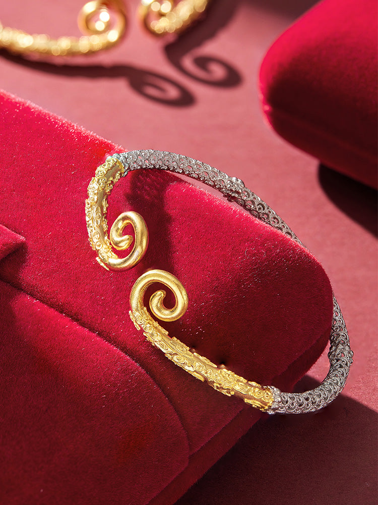 Zhu Bingren Copper Lifetime Love Filigree Silver Bracelet Adjustable Bangle Jewelry Gift for Girlfriend Boyfriend Couple