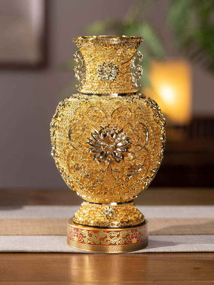 Zhu bingren copper Lotus Year Auspicious Flower Silk Vase Living Room Entrance Decoration Ornament Chinese Style Gift Housewarming Opening