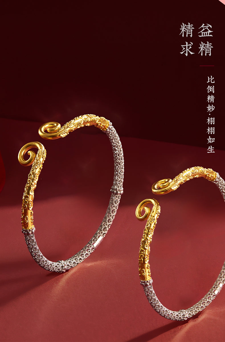 Zhu Bingren Copper Lifetime Love Filigree Silver Bracelet Adjustable Bangle Jewelry Gift for Girlfriend Boyfriend Couple
