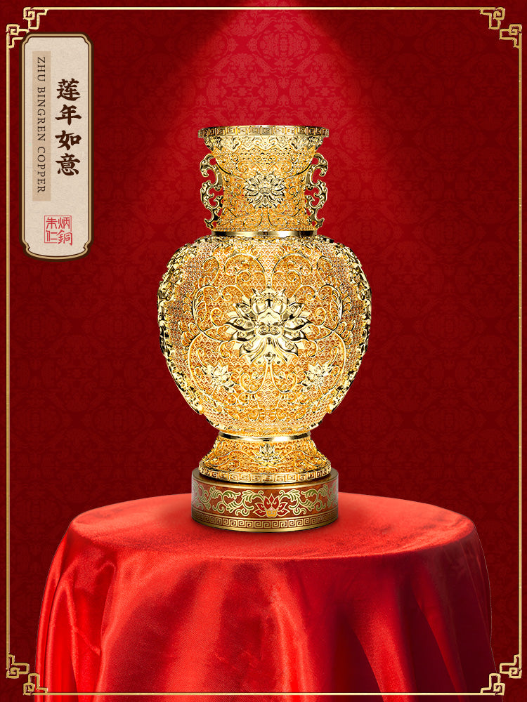 Zhu bingren copper Lotus Year Auspicious Flower Silk Vase Living Room Entrance Decoration Ornament Chinese Style Gift Housewarming Opening